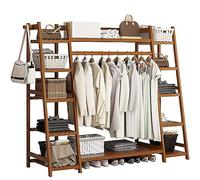 Baannaww Bamboo Clothes Rail Stand, Freestanding Coat Garment Rack with Hanging Rod, Trapezoid Structure, Open Wardrobe Clothing Hanger Storage Organiser for Bedroom Hallway
