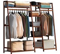 Baannaww Bamboo Coat Rack, Free Standing Garment Rack, Open Wardrobe Closet with 7 Shelves and One Top Rod for Hanging Clothes Bedroom, Clothes Rails Max Load 220lbs