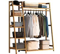 Baannaww Bamboo Coat Rack, Free Standing Garment Rack, Open Wardrobe Closet with 7 Shelves and One Top Rod for Hanging Clothes Bedroom, Clothes Rails Max Load 220lbs