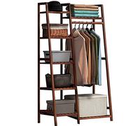 Baannaww Bamboo Coat Rack, Free Standing Garment Rack, Open Wardrobe Closet with 7 Shelves and One Top Rod for Hanging Clothes Bedroom, Clothes Rails Max Load 220lbs
