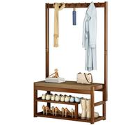 Baannaww Heavy Duty Hall Tree with Bench, Coat Rack Stand with 5 Hooks and 2-Tier Shoe Rack, FreeStanding Wooden Shoe and Coat Rack with Shelf and Hooks for Hallway, Easy to Assemble