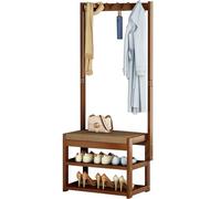 Baannaww Heavy Duty Hall Tree with Bench, Coat Rack Stand with 5 Hooks and 2-Tier Shoe Rack, FreeStanding Wooden Shoe and Coat Rack with Shelf and Hooks for Hallway, Easy to Assemble