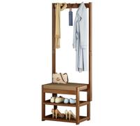 Baannaww Heavy Duty Hall Tree with Bench, Coat Rack Stand with 5 Hooks and 2-Tier Shoe Rack, FreeStanding Wooden Shoe and Coat Rack with Shelf and Hooks for Hallway, Easy to Assemble