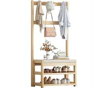 Baannaww Wooden Coat Stand Rack, Free Standing Garment Hanging Rails, Clothing Rail Shoe Rack with Shoe Bench 5/10 Hooks, Clothing Garment Rack for Bedroom Home Office Indoor
