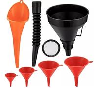 BAAQII 8 Pcs Universal Plastic Funnel Set for Car Motorcycles Engine Gas Oils Water Diesel, Wide Mouth Oil Funnel with Hose and Handle for Quick Filling, Long Neck, Red