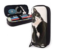 BAAROO Leather Pencil Case Black and White Cat School Stationery Durable Large Capacity Pen Case Funny Pencil Case for School S