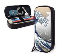 BAAROO Leather Pencil Case Japanese Painting Art Nautical Boats Great Wave Off Kanagawa Pencil Case Large Capacity Pen Bag with