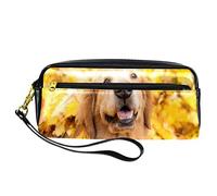 BAAROO Leather Pencil Case Marker Pen Pouch Desk Organizer Boxes,Golden Retriever Dog Yellow Leaves,Pencil Storage Package