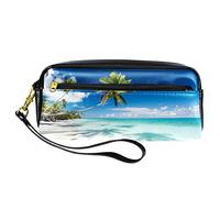 BAAROO Leather Pencil Case Marker Pen Pouch Desk Organizer Boxes,Tropical Scenery View on Beach,Pencil Storage Package