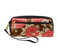 BAAROO Leather Pencil Case Marker Pen Pouch Desk Organizer Boxes,Vintage Flowers red Roses,Pencil Storage Package