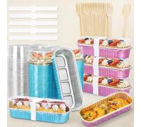 BAAZ 120pcs Mini Loaf Pans with Lids and Spoons, 200ml Rectangular Aluminum Foil Baking Pans Mini Cake Tins Containers with Sealing Sticker for Bread Cake Wedding Birthday Picnic Party (Pink, Blue)