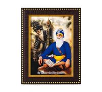 Baba Deep Singh Ji Framed Religious Picture Brown Black Frame with Gold Decorative Beaded Rim 21.5 x 16.5cm Sikh Guru Photo Wall Art Tabletop Display for Home Mandir Gurudwara Prayer Room Décor