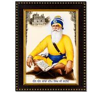 Baba Deep Singh Ji Photo Frame with Golden Temple Background 21.5 x 16.5cm Yellow Attire Sikh Religious Picture Khalsa Spiritual Artwork Punjabi Home Decor Gurudwara Prayer Room Tabletop Display