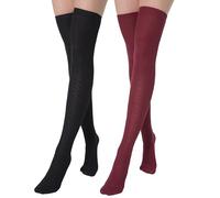 BABAHU Extra Long Cotton Thigh High Socks Over the Knee High Boot Stockings Cotton Leg Warmers (UK, Alpha, One Size, Regular, Regular, Black & Burgundy)