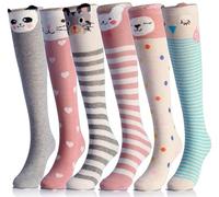 BABAHU Girls Knee High Long Socks for Child 6 Pairs Fun Animal Pattern Tall Crazy Cute Girls Gift Boot Funny Kids Socks, One Size