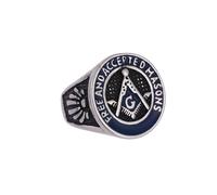 BaBakiak Freemason Masonic Ring - Men's Stainless Steel Blue Free and Accepted Masons Symbol Signet Ring Band - Masonic Freemason Amulet Jewelry, Stainless Steel, No Gemstone
