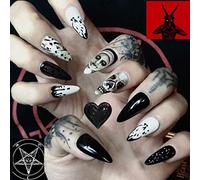 BABALAL 24Pcs Medium Stiletto Fake Nails Black Skull False Nails Punk Full Cover Artificial Halloween Press on Nails Almond Acrylic Nails for Women and Girls