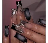 BABALAL Press on Fake Nails Gothic Design Acrylic Nails Long, Square Shape, Black Ombre, Cross Charm, Luxury, 3d Handmade, Glossy, 24pcs, Reusable False Nails