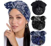 Babalet 3PCS Satin Lined Beanies for Women Pre-Tied Bowknot Chemo Headwear Silky Lined Cotton Sleeping Cap, 3pcs- Black, Paisley (Black + Navy), One Size