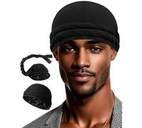 Babalet Satin Lined Halo Turban Durag Adjustable Pre-Tied Cap, Black, 1PCS