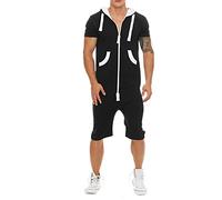 babao Men Printed Short Jumpsuit, Men Hooded Onesie Jumpsuits Pocket Romper Sport Jogging Tracksuit Playsuit Set
