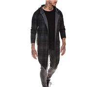 babao Men's Irregular Hoodied Cardigan Cotton Blend Long Length Drape Lattice Overcoat Jackets