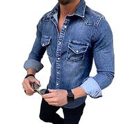 babao Men's Long Sleeve Formal Denim Shirt Solid Color Slim Casual Snap Button Pocket Shirt