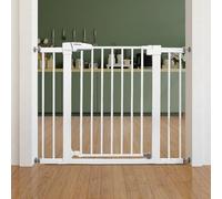 BABELIO Easy Install Extra Wide Pressure Mounted Metal Baby Gate, No Drilling, No Tools Required, 26-40 Inch with Wall Protectors and Extenders, Ideal for Narrow or Wide Area (White)