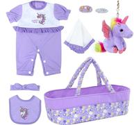 BABESIDE 8 Pcs Reborn Baby Doll Clothes with Bassinet for 17-22 Inch Baby Doll, Baby Doll Clothes Outfit Accessories fit Lifelike Baby Doll Girl (Purple)