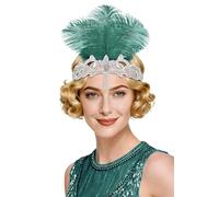 BABEYOND 1920s Elastic Gatsby Headband - Flapper Headpiece with Feather and Rhinestone for Party, Wedding or Art Deco Events Teal