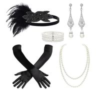 BABEYOND 1920s Flapper Accessories Great Gatsby Costume Accessories 20s Flapper Headband Pearl Necklace Gloves Plastic Holder, Black, One Size
