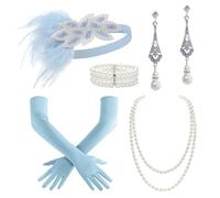 BABEYOND 1920s Flapper Accessories Great Gatsby Costume Accessories 20s Flapper Headband Pearl Necklace Gloves Plastic Holder, Light Blue, One Size
