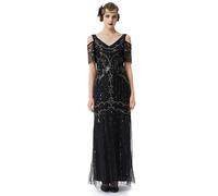 BABEYOND 1920s Flapper Cocktail Dress Long Evening Dress Floor-Length Sequin Gown Gatsby Party, Black Gold, Small