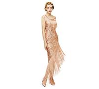 BABEYOND 1920s Flapper Dress Gatsby - Sequined Peacock Pattern Dress for Women Long Fringed Art Deco Dress, Rose Gold, X-Large
