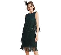 BABEYOND 1920s Flapper Dress Long Fringed Gatsby Roaring 20s Sequins Beaded Vintage Art Deco, Dark Green, M