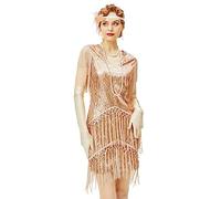 BABEYOND 1920s Flapper Dress Long Fringed Gatsby Roaring 20s Sequins Beaded Vintage Art Deco, Rose Gold, M