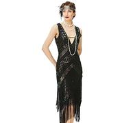 BABEYOND 1920s Flapper Dress V Neck Sequin Beaded Dress Roaring 20s Gatsby Fringe Party Dress, Black & Colorful Sequins, L