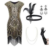 BABEYOND 1920s Flapper Dresses Set 20s Great Gatsby Dress 1920s Fringed Dress with Accessories Set, Set - Black Gold, S