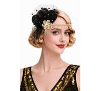BABEYOND 1920s Flapper Feather Headpiece, Great Gatsby Rhinestone Headband with Hair Clip, Vintage Art Deco Party Accessory(Black Gold)