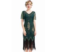 BABEYOND 1920s Flapper Fringed Sequin Dress Roaring 20s Fancy Dress Gatsby Costume Dress V Neck Vintage Beaded Evening Dress (DarkGreen, 3XL)