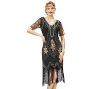 BABEYOND 1920s Flapper Fringed Sequin Dress Roaring 20s Fancy Dress Gatsby Costume Dress V Neck Vintage Beaded Evening Dress (BlackGold, 3XL)