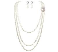 BABEYOND 1920s Gatsby Pearl Necklace & Earrings Set - Multilayer Imitation Pearl Necklace with Brooch - Female, Formal Events, Daily Wear - Jewelry Set