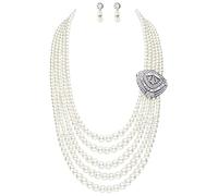 BABEYOND 1920s Gatsby Pearl Necklace Vintage Bridal Pearl Necklace Earrings Jewelry Set Multilayer Imitation Pearl Necklace with Brooch, Faux Pearl
