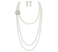 BABEYOND 1920s Gatsby Pearl Necklace Vintage Bridal Pearl Necklace Earrings Jewelry Set Multilayer Imitation Pearl Necklace with Brooch, Faux Pearl