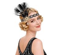 BABEYOND 1920s Great Gatsby Headband - Women's Flapper Feathered Headpiece with Pearls & Rhinestones Elastic Vintage Hair Accessory for Themed Parties, Masquerade, Wedding Black