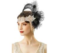 BABEYOND 1920s Great Gatsby Headpiece - Feather Headband with Golden Fringes for Carnival, Ball, and Wedding Black