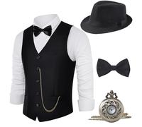 BABEYOND 1920s Mens Gatsby Gangster Vest Costume Accessories Set Fedora Hat, Black, Large