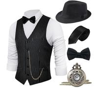 BABEYOND 1920s Mens Gatsby Gangster Vest Costume Accessories Set Fedora Hat, Blackstripe, Medium