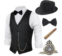 BABEYOND 1920s Mens Gatsby Gangster Vest Costume Accessories Set Fedora Hat, Z-black Stripe, L
