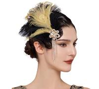 BABEYOND 1920s Peacock Feather Headpiece - Diamond Tassel Hair Clip Prom Ladies Vintage Feather Hairpin Black Gold